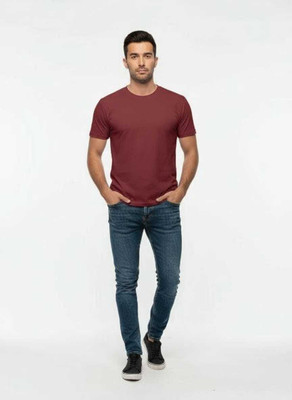 D and M Clothing Solid Men Crew Neck Maroon T-Shirt