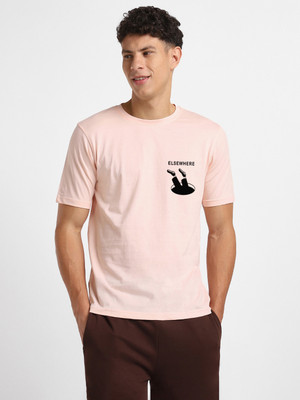 NOBERO Graphic Print, Printed Men Crew Neck Pink T-Shirt