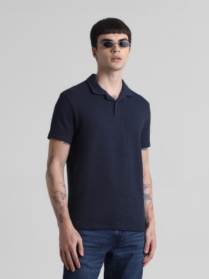 JACK & JONES Self Design Men Polo Neck Dark Blue T-Shirt