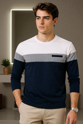 Autna Colorblock Men Round Neck Navy Blue, White T-Shirt