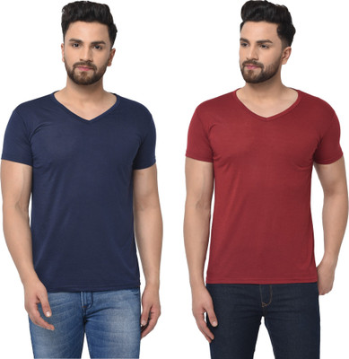 Tresna Fab Solid Men V Neck Dark Blue, Maroon T-Shirt