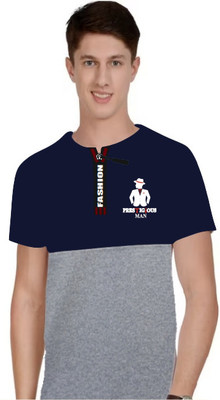 PRESTIGIOUS MAN Printed Men Round Neck Grey, Navy Blue T-Shirt