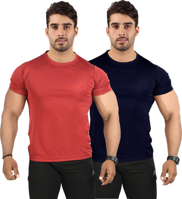 UDI n ADI Solid Men Round Neck Dark Blue, Maroon T-Shirt
