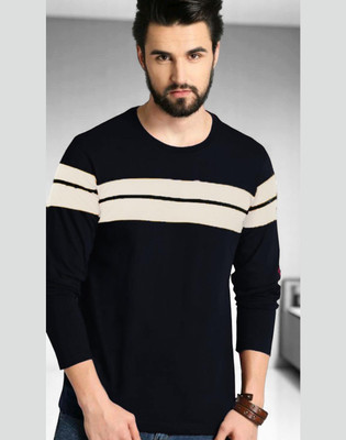 FAOES Striped Men Round Neck Black T-Shirt