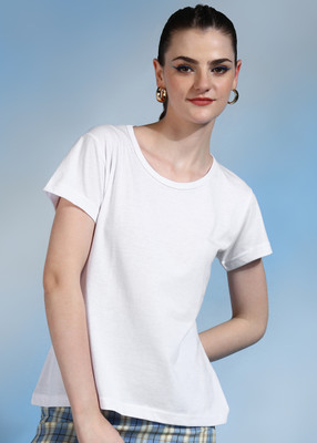 Moda Rapido Solid Women Round Neck White T-Shirt