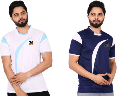 La Milano Colorblock Men Mandarin Collar Navy Blue, White T-Shirt