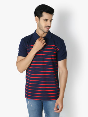 weardo Striped Men Polo Neck Blue, Red T-Shirt
