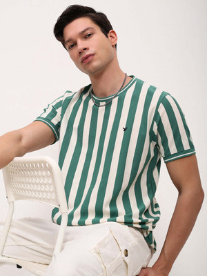 SHOWOFFFF Striped Men Round Neck Green T-Shirt