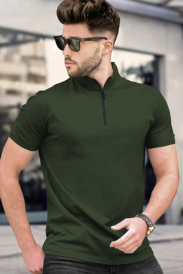 TRIPR Solid Men Mandarin Collar Dark Green T-Shirt