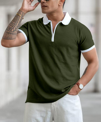COMBRAIDED Self Design Men Polo Neck Green T-Shirt
