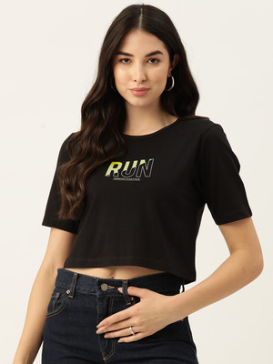 SLENOR Typography Women Round Neck Black T-Shirt