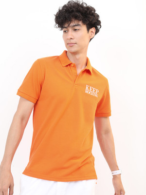 HIGHLANDER Typography Men Polo Neck Orange T-Shirt
