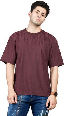 BE POSITIVE Solid Men Round Neck Maroon T-Shirt
