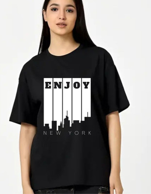 fashnobic Printed Women Round Neck Black T-Shirt