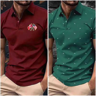 Merriment Printed, Solid Men Polo Neck Green T-Shirt