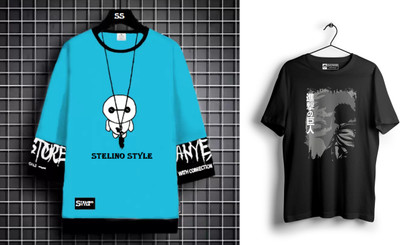 Stelino Printed Men Round Neck Light Blue, Black T-Shirt