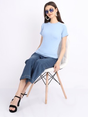 FEBIA Solid Women Round Neck Light Blue T-Shirt