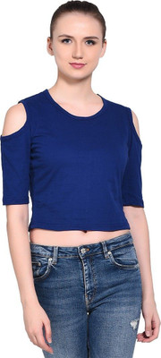 Trendfull Solid Women Round Neck Blue T-Shirt