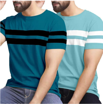 R RIDACHY Striped Men Round Neck Blue, Green T-Shirt