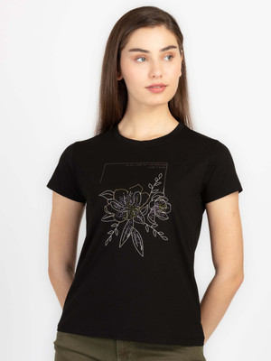 Status Quo Printed Women Round Neck Black T-Shirt