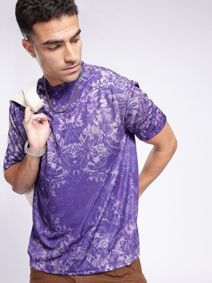 Glitchez Printed Men Round Neck Purple T-Shirt