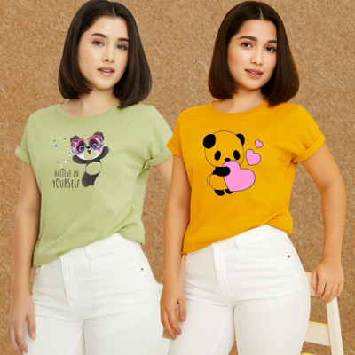 Kasendra Graphic Print Women Round Neck Green, Yellow T-Shirt