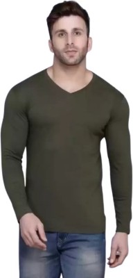 avinexx Solid Men V Neck Dark Green T-Shirt