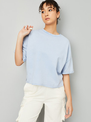 MAX Solid Women Round Neck Blue T-Shirt