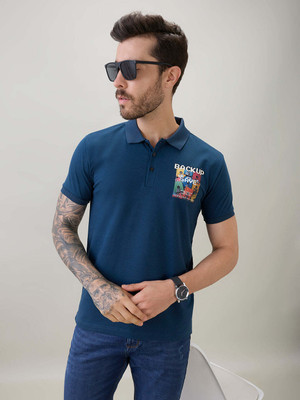 Status Quo Printed Men Polo Neck Navy Blue T-Shirt