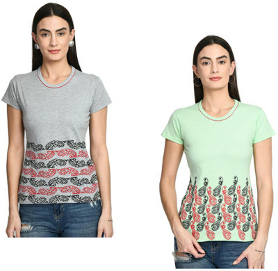 KAVYA Printed Women Round Neck White, Light Green T-Shirt