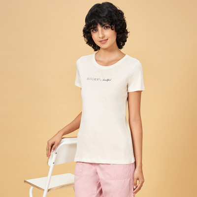 Honey By Pantaloons Solid Women Round Neck White T-Shirt