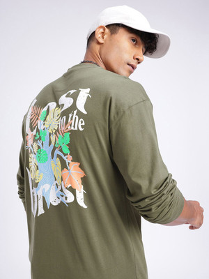 Glitchez Printed Men Round Neck Green T-Shirt