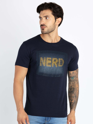 Status Quo Printed, Typography Men Round Neck Navy Blue T-Shirt