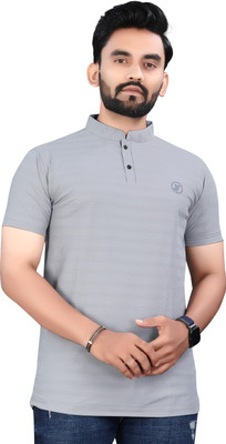 RAFSON Solid Men Mandarin Collar Grey T-Shirt
