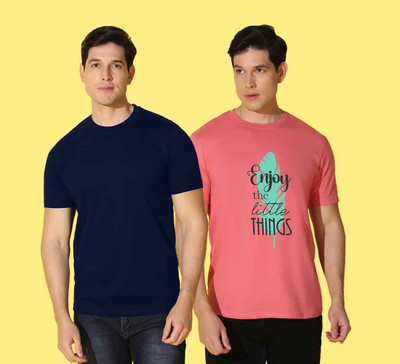 WOOSTRO Printed, Solid Men Round Neck Blue, Pink T-Shirt