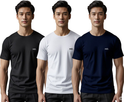 Millionemotions Solid Men Round Neck Black, White, Blue T-Shirt