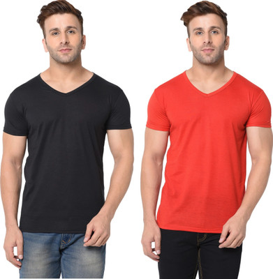 Tresna Trending Solid Men V Neck Red, Black T-Shirt