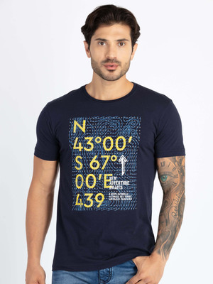 Status Quo Printed, Typography Men Round Neck Navy Blue T-Shirt