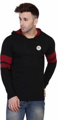 Blisstone Printed Men Hooded Neck Black, Maroon T-Shirt