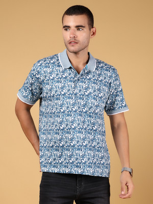 V-MART Printed Men Polo Neck Blue T-Shirt