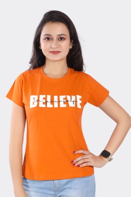 Hoppi Typography Women Round Neck Orange T-Shirt