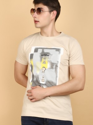 V-MART Printed Men Round Neck Beige T-Shirt