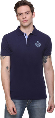 RF Raves Printed, Solid Men Polo Neck Dark Blue T-Shirt