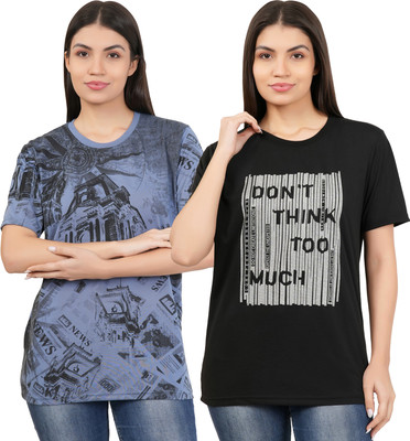 SHAUN Printed Women Round Neck Black, Grey T-Shirt