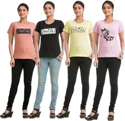 STYLE AK Printed Women Round Neck Blue, Black, Yellow, Pink T-Shirt