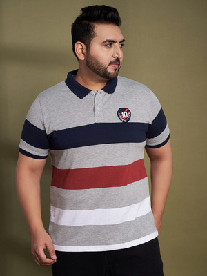 Austivo Striped Men Polo Neck Grey T-Shirt