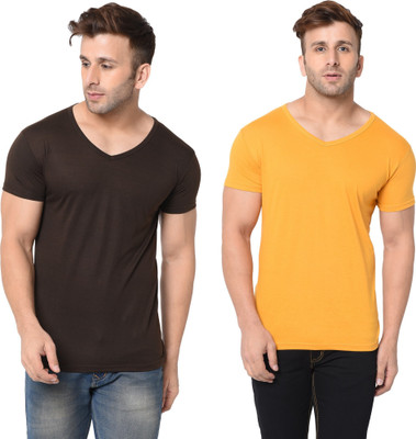 Tresna Trending Solid Men V Neck Brown, Yellow T-Shirt