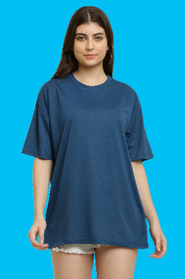 elegance redefined Solid Women Round Neck Light Blue T-Shirt