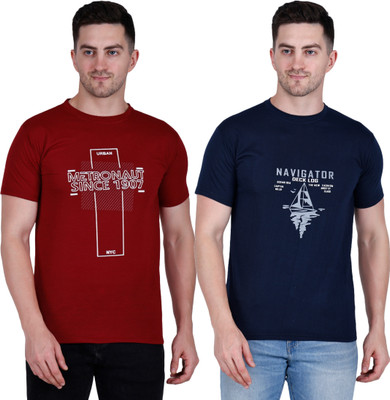 BLACK COOL Graphic Print Men Round Neck Navy Blue, Maroon T-Shirt