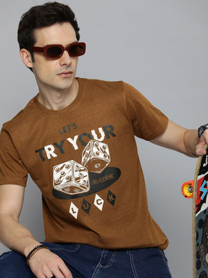 R.Code by The Roadster Life Co. Printed Men Round Neck Brown T-Shirt